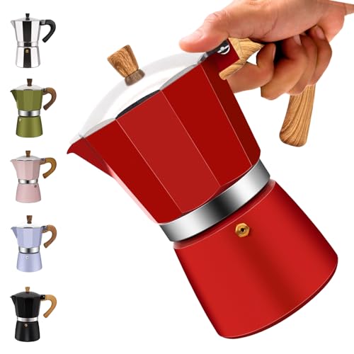 Vaolvpant Cafetera Moka de aluminio para 12 tazas, color rojo, clásica, para estufa, 600 ml, cafetera percolador Mocha Express Classic Cafe Maker para café italiano y cubano
