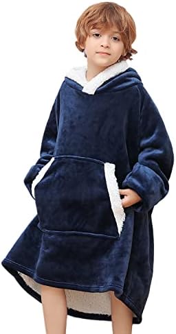 XYNHML Oversized Blanket Hoodie for Kids Flannel Sherpa Wearable Sweatshirt Blanket Snuggies Warm Plush Hooded Blanket with Huge Pocket and Elastic Sleeve Deep Blue