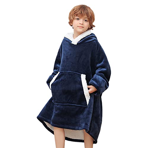Xynhml Oversized Blanket Hoodie For Kids Flannel Sherpa Wearable Sweatshirt Blanket Snuggies Warm Plush Hooded Blanket With Huge Pocket And Elastic Sleeve Deep Blue #TOP2