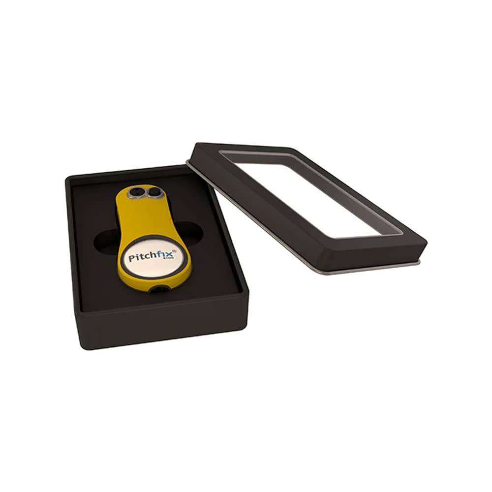 Pitchfix Switchblade Divot Repair Tool Gift Set Includes Fusion 2.5 Divot Repair Tool with Removable Ball Marker Integrated Pencil Sharpener - Best Divot Fixer (Yellow)