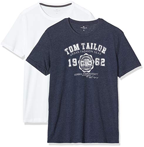 Tom Tailor Doppelpack Basic T-Shirt Camiseta, Azul (Real Navy Blue 10360), L (Pack de 2) para Hombre