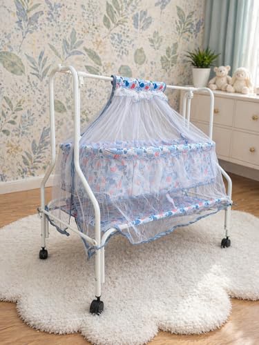 Image of Kiddery Neptune | Cradle for Baby | New Improved Mattress Design | Mosquito Protection Net | Smooth Swing | All Wheel Lock | Palna | Jhula | Uyyala| 0-10 Months | Blue