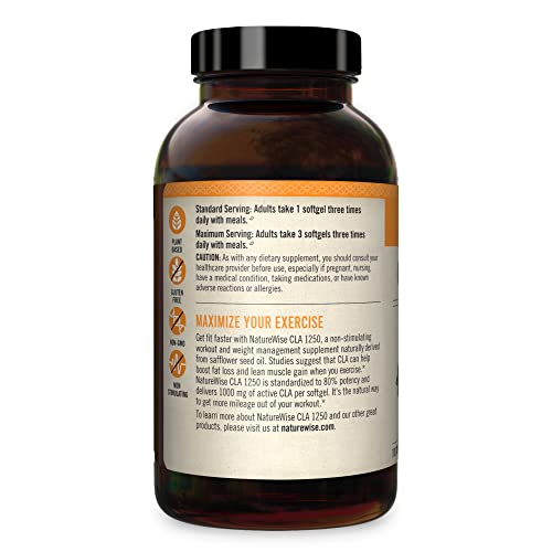 Naturewise Cla 1250 Natural Exercise Enhancement (2 Month Supply), Support Lean Muscle Mass, Promote Energy, Non-Stimulating, Non-Gmo, Gluten-Free, 100% Safflower Oil (Packaging May Vary) (180 Count) #TOP5