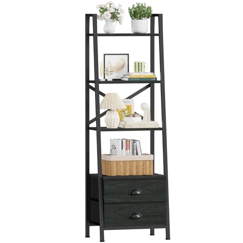Image of Furologee 4-Tier Ladder Shelf,Small Bookshelf with 2 Drawers,Vertical Bookcase Storage Rack Organizer,Display Bookshelves for Living Room,Bedroom,Bathroom,Home Office,Kitchen,Black Oak