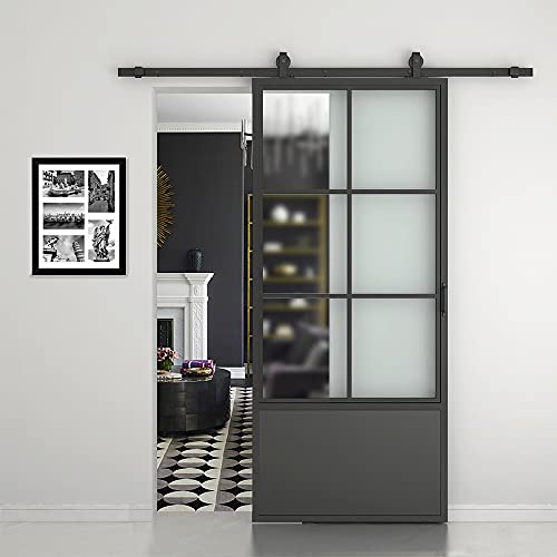 Image of 42 in. x 84 in. 3 /4 Lites Frosted Glass Black Steel Frame Interior Barn Door with Sliding Hardware Kit and Door Handle