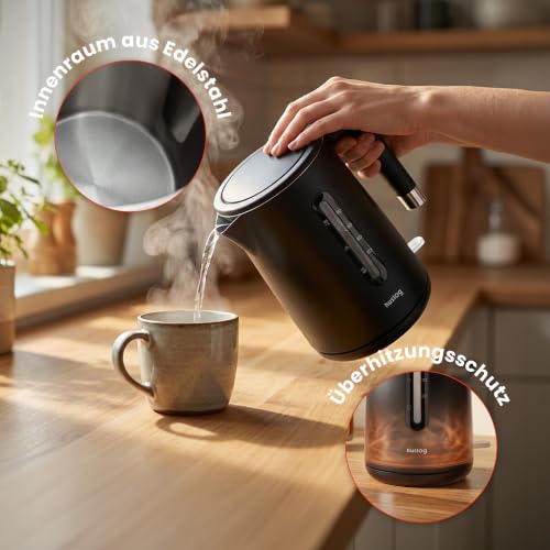 Elektrischer Wasserkocher 1,5L 2200W klassisch Messbecher für Wasser Wasserstand Edelstahl Doppelwandig automatische Abschaltung Schwarz Sicherheit vor Kochen ohne Wasser – Bild 3