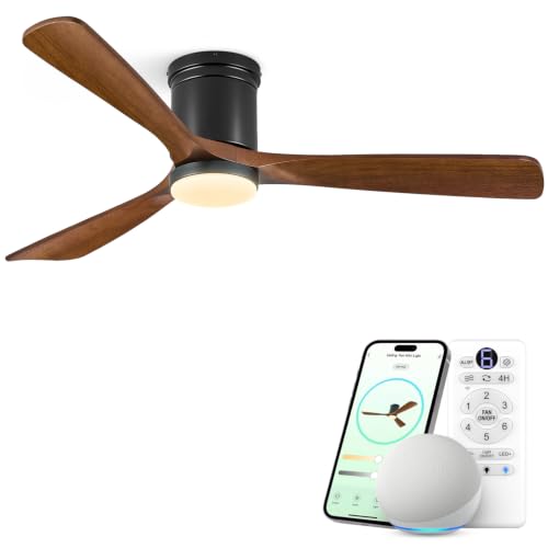 Image of Smart Flush Mount Ceiling Fans with Lights, 60 Inch Low Profile Ceiling Fan, Alexa&Remote Control, 3 Solid Wood Propeller Blades, Quiet High CFM BLDC ETL Listed Outdoor Ceiling Fans for Bedroom Patio