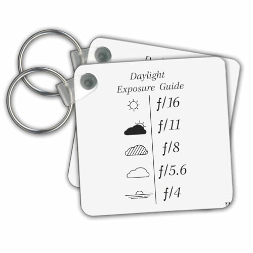 set of 2 Key Chains - Daylight Exposure Guide and Light Metering Aperture Table - Black text on white background Photography Collection
