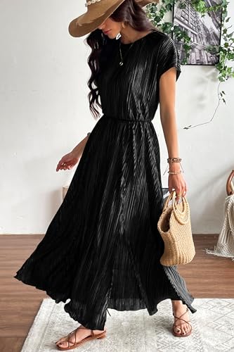 Image of CCTOO Womens Summer Maxi Dresses: Casual Short Sleeve Crewneck Slit Sundress Ruffle Pleated Long Flowy Party Cocktail Dress