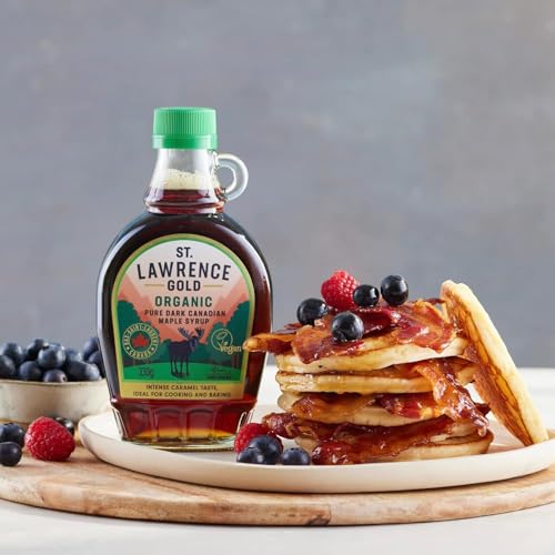 St Lawrence Gold Organic Maple Syrup 250ml - 330g Grade A, 100% Pure Canadian Dark Maple Syrup for Pancakes, Waffles, Cooking and Baking - Robust, Caramel Taste - Gluten Free, Vegan