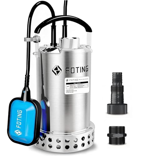 FOTING Full 304 Stainless Steel Sump Pump with Float Switch - 1HP 4600GPH Automatic Submersible Water Pump Fast Water Removal in Pools, Basements, Sewage, Hot Tubs Heater Flush Pit, ponds w/ 10FT Cord