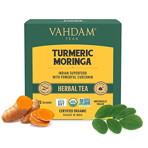 VAHDAM, Turmeric + Moringa SUPERFOOD Herbal Tea, 15 Count | 100% Real Ingredients- Active Turmeric + Moringa | India's Ancient Nutritious Blend of Turmeric & Garden Fresh Spices | Turmeric Herbal Detox Tea Bags