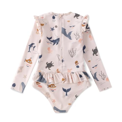 Image of Girls One Piece Swimsuits Zipper Rash Guard Long Sleeve Bathing Suit with Ruffle Hem UPF50+