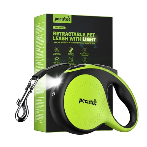 Pecute Guinzaglio Retrattile per Cani con Luce LED Ricaricabile 8m, Guinzaglio per Cane con Guinzaglio Esteso Antigroviglio a 360°, Impugnatura Antiscivolo e Pulsante Freno Rapido, Adatto Fino a 50kg