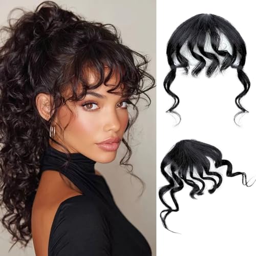 Curly Bangs Hair Clip, 100% Real Human Hair Clip Ins French Bangs Long Natural Black Wavy Fake Fringe Wispy Bang with Temples Hairpiece for Women