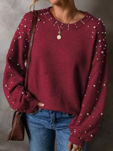 Image of Pearl Sweater for Women Lantern Sleeve Drop Shoulder Crewneck Sweatshirt Knit Chunky Pullover Sweaters with Pearls