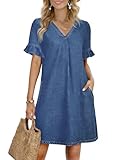 Fengbay Robe d'été en jean pour femme, col en V, manches courtes, décontractée, élégante, robe chemise en jean avec poches, noir foncé, M