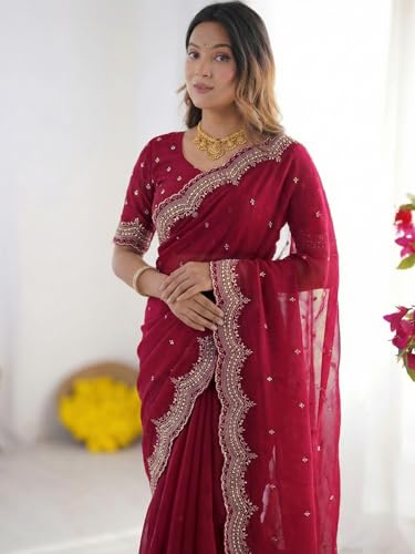 Image of SIRIL Women's Shimmer Georgette Scalloped Border Sequins Embroidery Saree with Unstitched Blouse Piece