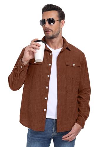 Image of Askdeer Men's Corduroy Button Down Shirts Long Sleeve Casual Shacket Jacket Western Corduroy Shirt Jacket with Flap Pockets