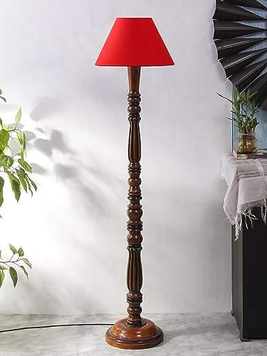 Image of Floor Lamp with Wooden Base - Height 55 inch, Red | Modern Standing Lamp for Living Room, Bedroom & Office | Stylish & Elegant Home Lighting Decor | Tall Decorative Lamp