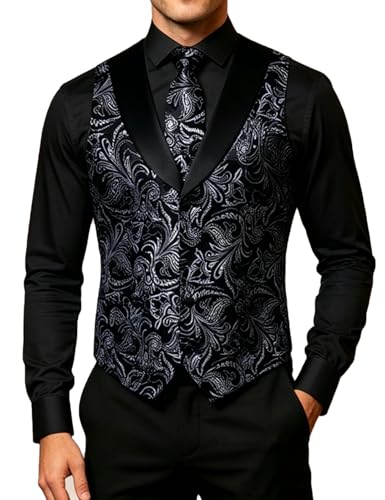 Image of DiBanGu Mens Paisley Suit Vest Silk Jacquard Waistcoat and Necktie Set Formal Shawl Collar Dress Vest 7PCS for Wedding Party