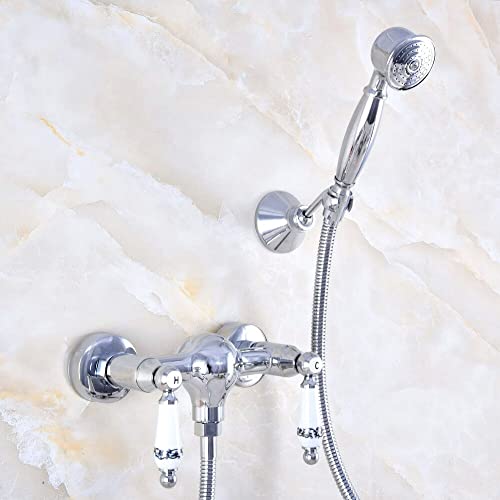 Pomme de douche à main en laiton chromé et mitigeur mural chic