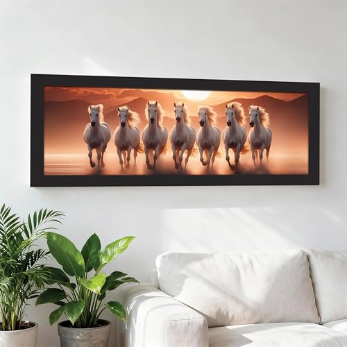 Image of PAINTINGMANTRA Running Horse Vastu Modern Wall Art Framed Luxury Paintings for Home Decoration, Living room, Bedroom and Office Decoration (99x38 CM)