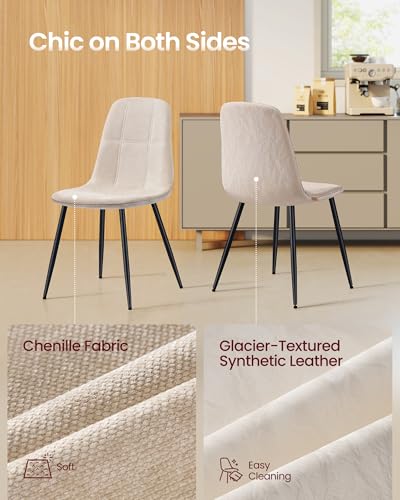 Image of VASAGLE Dining Chairs, Set of 4 Dining Room Chairs, Metal Frame, Adjustable Feet, Easy to Clean, Chenille Fabric, Glacier-Textured Synthetic Leather, for Kitchen, Cream White UKDC188W01