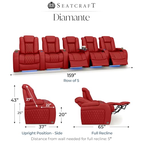 Image of Seatcraft Diamante Red Italian Leather Home Theater Seating, Zero Gravity Power Recliner Gaming and Home Office Chair, Powered Headrest Lounge Sofa Furniture for Cinema Room, Row of 5