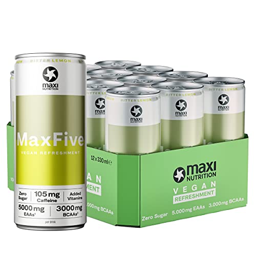MaxiNutrition MaxFive veganer 5g EAA / 3g BCAA-Drink (2:1:1) Bitter Lemon, 12 x 330 ml Einwegdose - Vegan Refreshment mit Aminos aus Mais & Zuckerrohr, ohne Zuckerzusatz, 105 mg Koffein, 30 kcal Cover