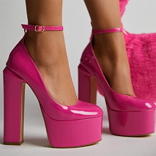 keleimusi Platform Chunky Pumps Ankle Strap Round Square Toe High Block Heels Patent Leather4