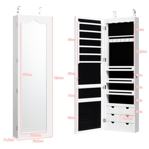 Miniatura 5 de Homasis Armario Joyero Con Iluminación Led, Armario Para Joyas Con 6 Cajones Y Espejo, Armario De Joyero Organizador Para Montaje En Puerta Y Pared, Con Cerradura, 36,5x11,5x120cm Blanco
