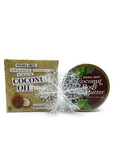 Trader Joe's Coconut Bundle- Organic Virgin Coconut Oil Packets (14) Cold Pressed and Unrefined Essential Fatty Acid Supplement and Coconut Body Butter Plus Bonus Free Set of Snowflakes by Zee