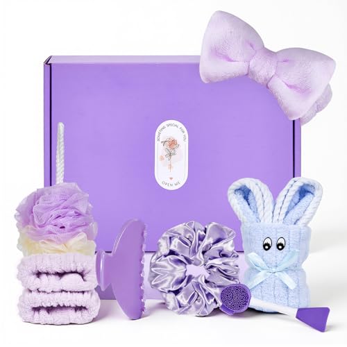 Purple Spa Gifts for Women – Self Care Spa Basket with Bath Accessories, Lavender Themed Relaxation Kit – Face Washing Headband Set for Her, Girlfriend, Wife, Sister, Friends & Teenage Girls
