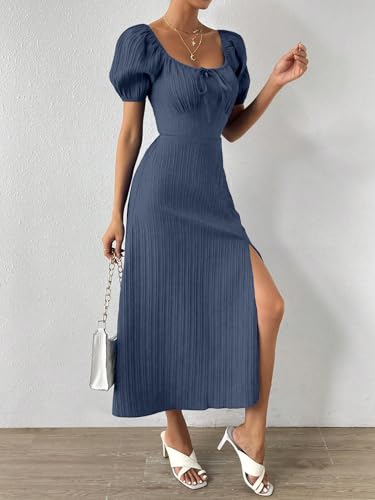 Image of Shasmi Women's & Girl's Tie Front Split Thigh Milkmaid Maxi Dress - Square Neck Puff Sleeve A-Line Long Dress, Elegant Casual & Parties Wear for Ledies (Dress 245)