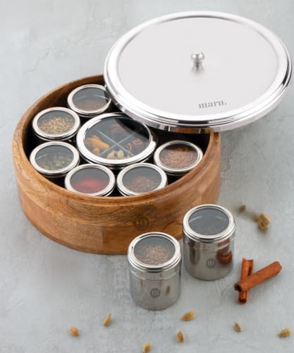 Image of MARU 12-in-1 Wooden Spice Box | Stainless Steel Containers With See-Through Lids | 8 Small & 1 Large Container With Middle Partition | Perfect For Organizing Spices, Herbs, Masalas & Seasonings