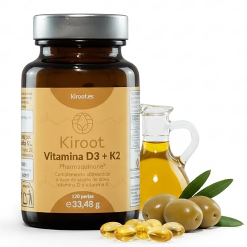 Kiroot Vitamina D3 y K2 120 Perlas - Complemento Alimenticio con Colecalciferol y Menaquinona-7, Aceite de Oliva Virgen Extra - Para Huesos y Sistema Inmunitario