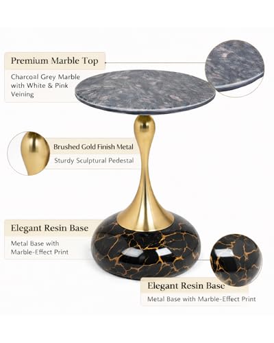 Image of Round Side Table with Marble Top, Brushed Golden Pedestal Base, Metal Base with Marble Effect, Modern Accent Table for Living Room, Bedroom (Midnight Black)