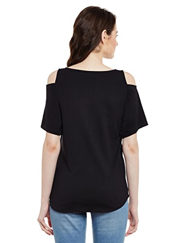 Image of Miss Chase Women's Black Cold Shoulder Round Neck Short Sleeved Solid Top