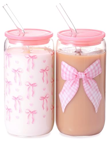 Pecfamly Aesthetic Cute Preppy Pink Bow Trendy Teen Girl Stuff Birthday Gifts for Teen Girls, Clear Reusable Iced Coffee Matcha Boba Tea Smoothie Patron Reusable Glass Cups Tumbler with Lid and Straw