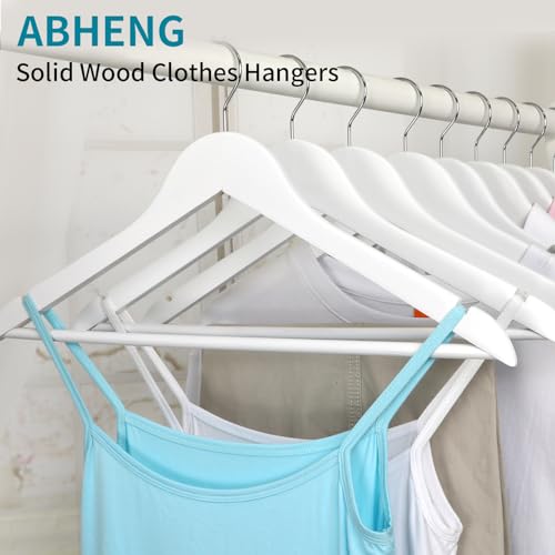 ABHENG Kleiderbügel Holz 10 Stück, Holzbügel mit Rutschfester Hosensteg und 360° drehbarer Haken, Einkerbungen im Schulterbereich, Hergestellt aus Naturholz, 44,5B x 23H cm, Weiß + Silbern,AWY0310W
