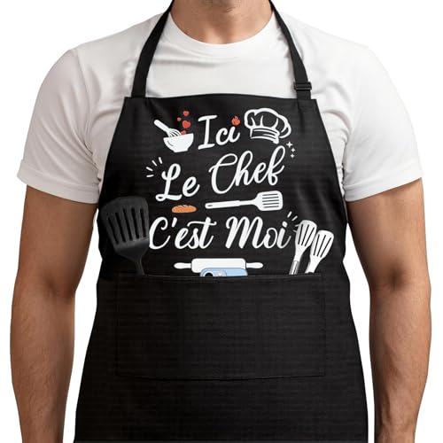 Bafiwu Tablier Cuisine Homme Humour - Noir, Imperméable & Réglable - Avec Poches Pratiques - Cadeau pour Papa Papi à Barbecue, Anniversaire, Noël & Fête des Pères