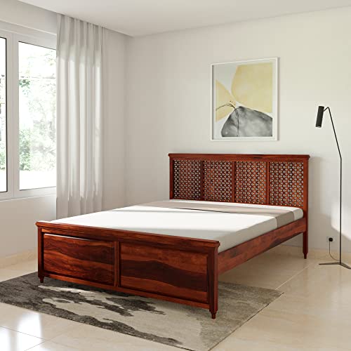 Image of Solid Sheesham Wood Traun Queen Size Bed Without Storage Wooden Double Bed Palang Cot for Bedroom, Living Room, Hotel and Home (Honey Finish)