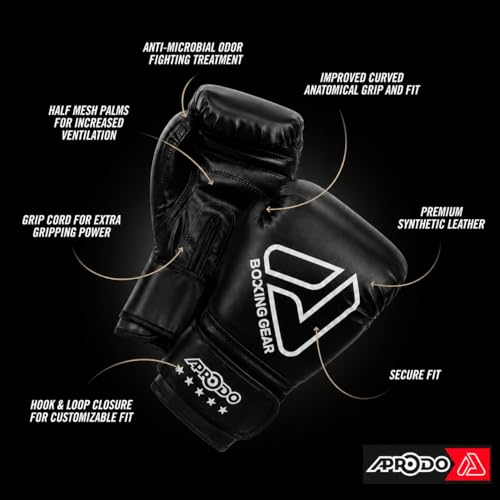 Image of APRODO Beginner Boxing Gloves for Kids & Adults - Men & Women Training, Sparring & Heavy Bag Gloves - Durable PU Leather with Wrist Support (Black /White, 12oz)