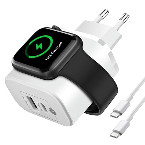 3 In 1 Ladestation Apple Watch für iPhone, 2 Ports Schnellladegerät mit USB-C und USB-A, USB C Ladegerät Steckdose Netzt...