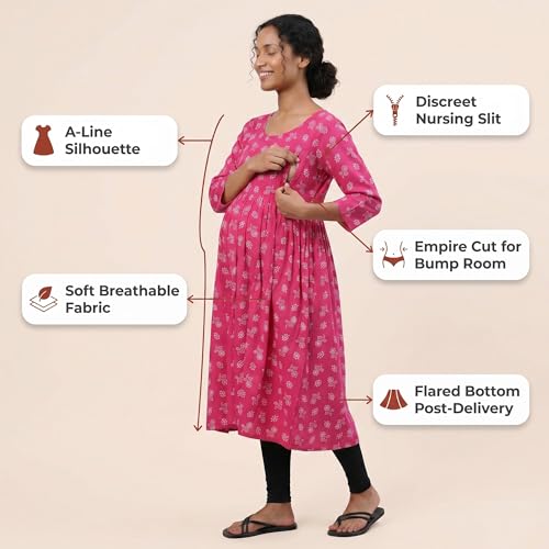 Image of CEE 18 Cotton Rayon A-Line Flaired Maternity Feeding Kurti for Women with Zippers | Pregnancy Dress for Women | Breastfeeding Dress for Women | Nursing Dress for Women Pre and Post Pregnancy