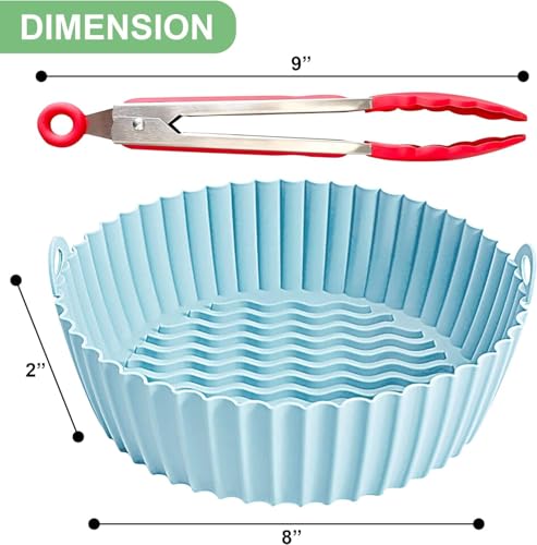 Image of 2 Reusable 1 Round and 1 Square 8 inch Silicone Air Fryer Liners for 3-5 QT Fryers,Non Stick Foldable Liners Airfryer Parchment Liner with Free 9 Inch Tongs with Silicone Tip