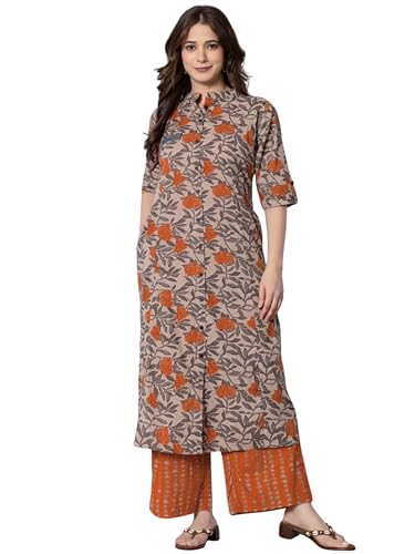 Image of rytras Women Cotton Printed A-Line Kurta with Palazzo Pant Set