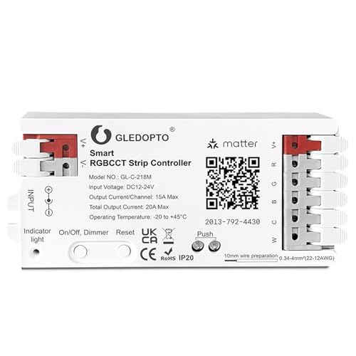 GLEDOPTO Matter RGBCCT LED Controller 20A Current Max for PWM Analog LED Strip Light APP Voice Control RGBW RGB Dimmable Work with Homekit Google Amazon Echo Alexa (Matter Hub Required)