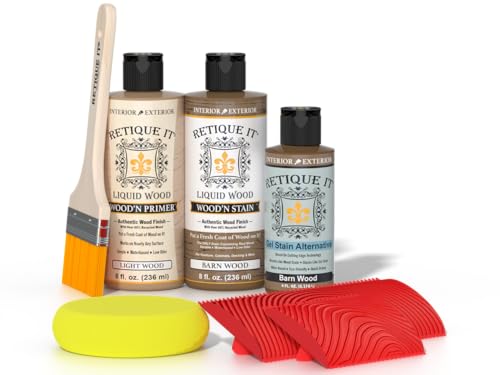 Retique It Muli-Purpose Wood Finish Kit - GO Beyond Faux Wood with Paintable Liquid Wood Based Primer and Gel Stain - Graining Tools Included (2X 8oz, Barn Wood)